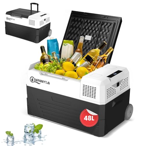WANNYTON elektrische Kompressor Kühlbox, Auto Kühlschrank 48 Liter, 12/24/100-240 V, Mini-Kühlschränke für Auto LKW Boot Wohnmobil, tragbar, mit Rädern und Griffen, mit AC/DC-Kabel von WANNYTON