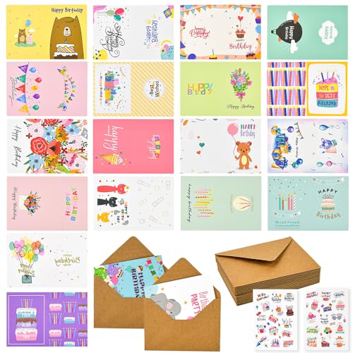 WANTOUTH 20 Stück Geburtstagskarten Set mit Umschlag Glückwunschkarten zum Geburtstag Postkarte Grußkarten Happy Birthday Karte Klappkarten mit 20 Briefumschlag 2 Blatt Aufkleber für Frau, Mann Freund von WANTOUTH