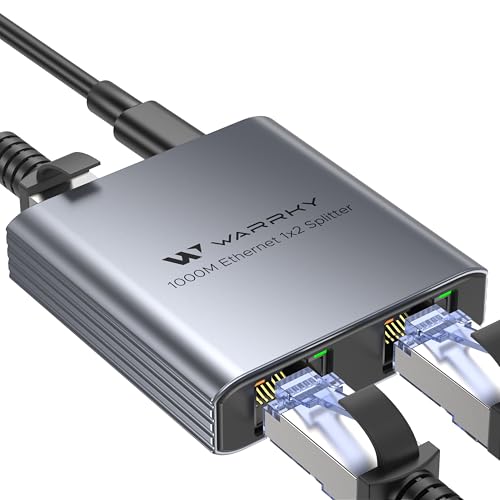 WARRKY LAN Splitter 1 auf 2, 1000Mbps Ethernet Splitter mit Type-C-Netzkabel, [1,4cm ultraschlank, Integriert geformtes Aluminiumgehäuse] Gigabit LAN verteiler 2 Port, Net Switch für Cat 5/5e/6/7/8 von WARRKY