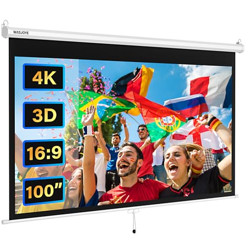 WASJOYE Manueller Leinwand Beamer Rollo mit Universal 100-Zoll Roll-Down einziehbarer manueller Projektionsschirm mit automatischer Verriegelung, Einstellbarer Bildschirmhöhe, Maskierungsrand von WASJOYE