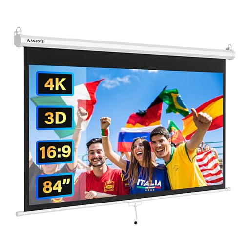 WASJOYE Manueller Pull-Down Leinwand Beamer mit Universal 84-Zoll Roll-Down einziehbarer manueller Projektionsschirm mit automatischer Verriegelung, Einstellbarer Bildschirmhöhe, Maskierungsrand von WASJOYE