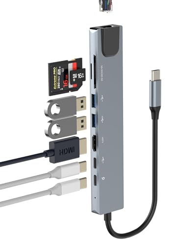 USB C auf HDMI Ethernet Typ-C TF SD Kartenleser USB-A (8in1) TV Display Dongle Adapter Monitor Dockingstation Hub Thunderbolt Ladegerät Port Splitter Kabel für Laptop Extender Surface Dell HP Zubehör von WASRUYI