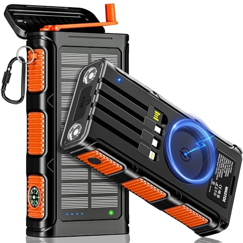 WASTDE Wireless Solar Powerbank 26800 mAh mit Handkurbel und 4 Kabeln, Solarladegerät Powerbank USB-C Schnellladung 7 Ausgänge 4 Eingänge für Handy, Outdoor Wasserdichter Externer Akku für Camping von WASTDE