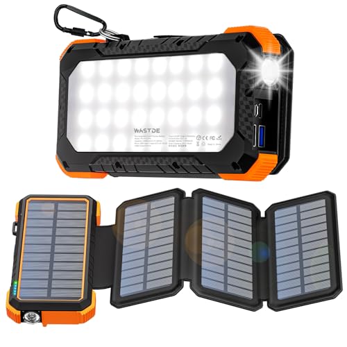 WASTDE Solar Powerbank 26800mAh, Solar Ladegerät mit 4 faltbaren Panels und Camping Licht, 18W USB-C Schnellladung, wasserdichte Outdoor Powerbank Solar für Handy (Orange) von WASTDE