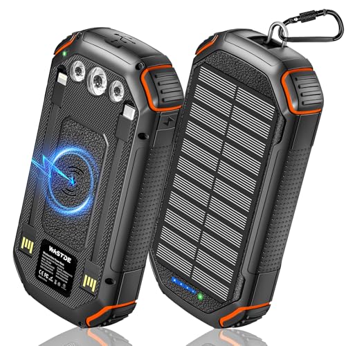 WASTDE Wireless Solar Powerbank 26800 mAh mit 3 Kabeln, Solar Powerbank USB-C 15 W Schnelles Aufladen 4 Ausgänge 3 Eingänge für Handy, Solar Ladegerät Outdoor Externer Akku mit Taschenlampe von WASTDE