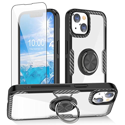 Kompatibel mit iPhone 14 Case mit Tempered Glass Screen Protector, Carbon Fiber Design, Clear Crystal Anti-Scratch Case mit 360 Grad Rotation Ring Kickstand für 14 Case 6,1 Zoll, Schwarz von WATACHE