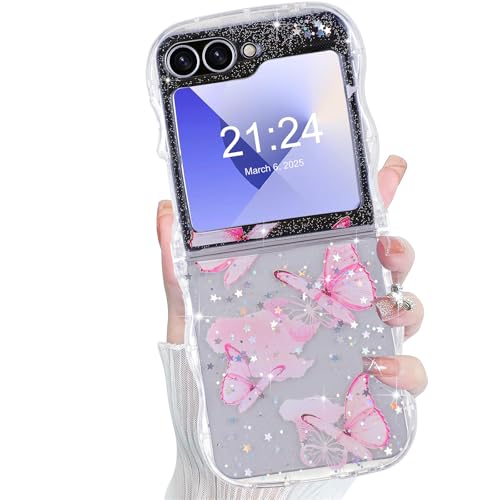 Schutzhülle für Z Flip 6/5, transparent, Schmetterling, für Damen und Mädchen, TPU, glitzernd, stoßfest, für Samsung Galaxy Z Flip 6/5 (klares Rosa) von WATACHE