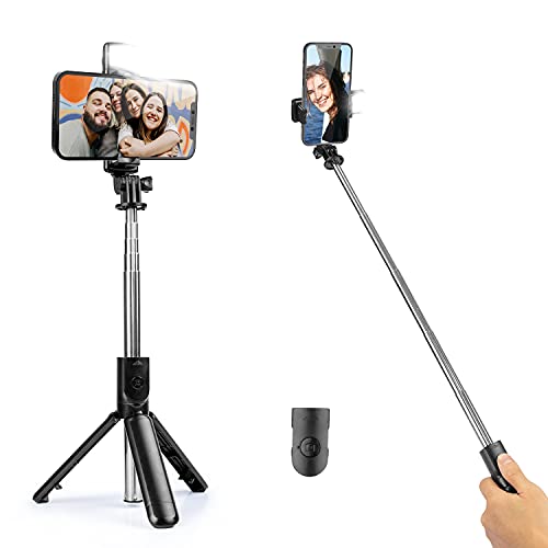 Selfie-Stick,Erweiterbarer Selfie-Stick mit kabelloser Fernbedienung und Fülllicht, Stativ-Handyhalter für Videoaufnahmen Live Kompatibel mit iPhone 12 Pro Max/XS Max,Galaxy S21/S10/Note 10 von WATACHE