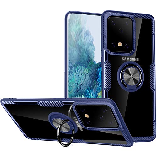 WATACHE Galaxy S20 Ultra Hülle, Kristallklare Kohlefaser Design Hybrid-Schutzhülle Hülle mit [Ringhalter Ständer] [Magnetische Autohalterung] für Samsung Galaxy S20 Ultra 6,9 Zoll 2020,Blau von WATACHE