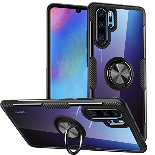 Schutzhülle für Huawei P30 Pro, Glasfaser, transparent, mit Einer um 360 Grad drehbaren Halterung, Fingerring, magnetische KFZ-Halterung, schwarzer Rahmen von WATACHE