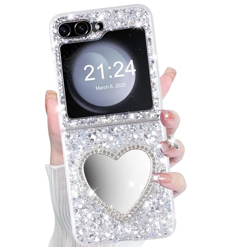 WATACHE Schutzhülle für Galaxy Z Flip 6, Glitzer, Liebe, Pfote, Spiegel, Flip-Schutzhülle für Samsung Galaxy Z Flip 6 2024 5G, für Damen und Mädchen, Silber von WATACHE