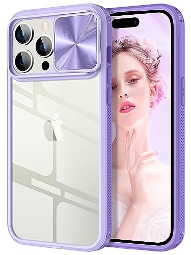 WATACHE Kompatibel mit iPhone 15 Pro Max Hülle mit Kamera-Cover, 15 Pro Max Clear Case Slim Fit Schutz stoßfest Slide Kameraschutz Schutzhülle für iPhone 2023 6,7 Zoll Pro Max (violett) von WATACHE