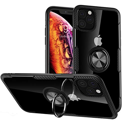 WATACHE for iPhone 11 Pro Max Hülle, Crystal Clear Carbon Design Rüstungsschutzhülle mit 360-Grad-Drehung Fingerring Grip Holder Kickstand für iPhone 11 Pro Max,Schwarz von WATACHE