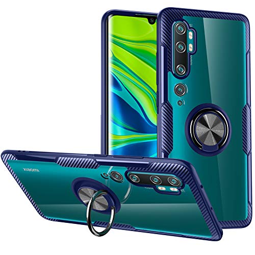 Xiaomi Mi Note 10/Note 10 Pro Schutzhülle,klares Kohlefaser-Design Schutzhülle mit drehbarem Fingerring Halteständer [Magnetische Autohalterung unterstützen] für Xiaomi Mi Note 10/Note 10 Pro,Blau von WATACHE