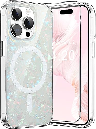WATEFULL Kompatibel mit iPhone 15 Pro MagSafe Hülle für Frauen Mädchen, Opal Pearly Glitter Luxus irisierend Marmor iPhone 15 Pro Magnetische Abdeckung [1 Displayschutzfolie] [3 m Fallschutz] (bunter von WATEFULL