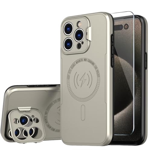 WATEFULL Kompatibel mit iPhone 15 Pro Max Titan-Hülle MagSafe Ständer Kameralinsenabdeckung, glänzende Oberfläche, doppellagige schützende Stoßstange, magnetische Handyhülle, mit 1 Displayschutzfolie von WATEFULL