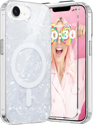 WATEFULL Schutzhülle für iPhone 16e, 15,5 cm (6,1 Zoll), weißer Opal, Perlmutt, kompatibel mit MagSafe-Glitzer, magnetisch, durchscheinend, inklusive 1 Displayschutzfolie für Damen und Mädchen, 15,5 von WATEFULL