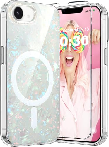 WATEFULL Schutzhülle für iPhone 16e, schillernd, kompatibel mit glitzerndem Opal, Perlmutt, magnetisch, durchscheinend, 1 Displayschutzfolie für Damen und Mädchen, iPhone 16e 15,5 cm (6,1 Zoll von WATEFULL