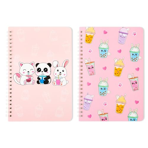 WATINC 2Pcs Bubble Tea A5 Spiral Notizbücher Milchtee Boba Ruled Notebook Travel Journal Weißes Papier Metallic Wirebound Notizblöcke für Kinder Teens Schule Büro Notizen Tagebuch Zubehör, 50Sheets von WATINC