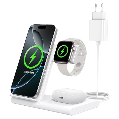 3 in 1 Kabellose Ladestation für Apple Geräte, Schnellladegerät für iPhone 16/15/14/13/12/11/Pro/Max/Plus, Apple Watch Ultra/10/9/8/7/6/5/SE & AirPods, Klappbares Ladegerät, Ideal für Zuhause & Reisen von WATOE