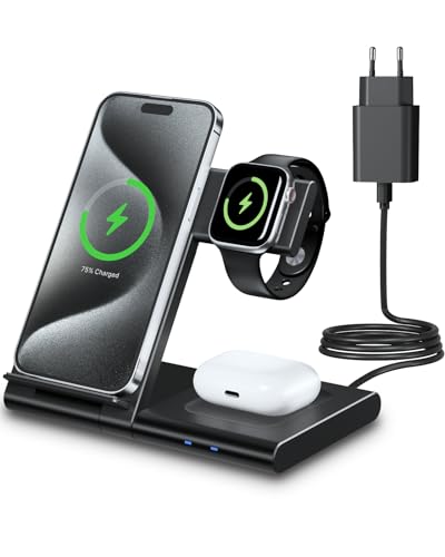 3 in 1 Ladestation Apple Watch und iPhone, 18W Induktive Ladestation Schnelles Kabelloses Ladegerät Ständer für iPhone 15/14/13/12/11/Pro/Max/XS/XR/X/8/Plus, iWatch 9/8/7/6/SE/5/4/3/2 & AirPods von WATOE