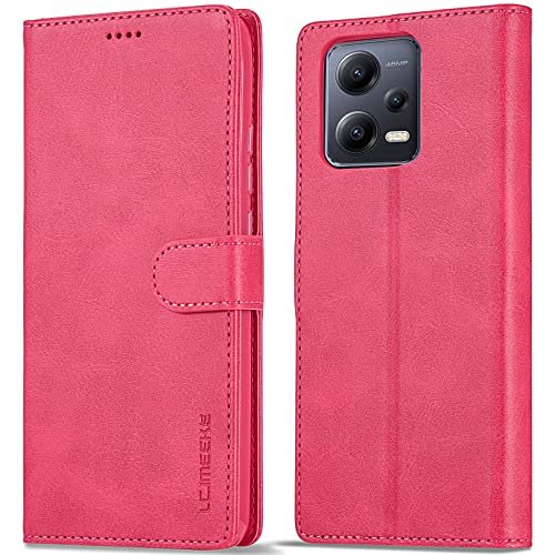 WAURZ Hülle für Xiaomi Redmi Note 12 Pro 5G / Xiaomi Poco X5 Pro 5G Handyhülle Schutzhülle Hülle Leder Klappbar Flip Case mit Kartenfach Magnet Ständer Handytasche Hüllen Klapphülle Cover,Rose Rot von WAURZ