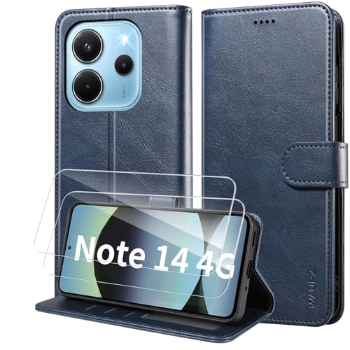 WAURZ Hülle für Xiaomi Redmi Note 14 4G, Handyhülle mit 2 Schutzglas Schutzfolie Hülle Schutzhülle Leder Klappbar Flip Case Kartenfach Ständer Handytasche Hüllen Etui Cover Klapphülle,Blau von WAURZ