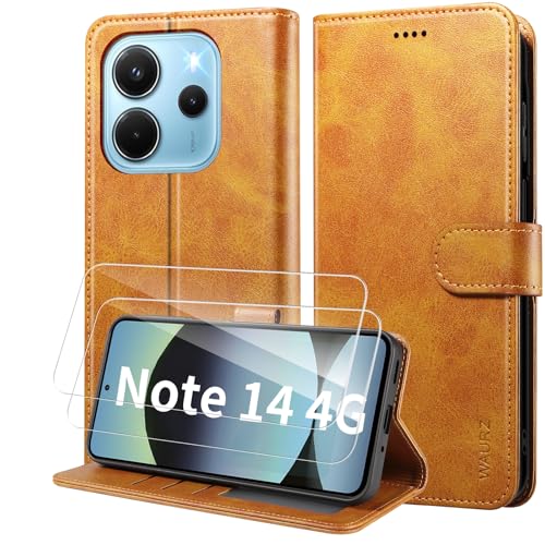 WAURZ Hülle für Xiaomi Redmi Note 14 4G, Handyhülle mit 2 Schutzglas Schutzfolie Hülle Schutzhülle Leder Klappbar Flip Case Kartenfach Ständer Handytasche Hüllen Etui Cover Klapphülle,Gelb von WAURZ
