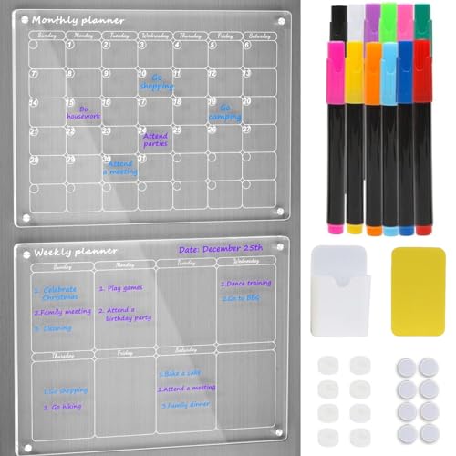 WAVATA 2 x Magnet Kalender KüHlschrank, Magnetische Abwischbare Kalender, Wochenplaner Abwischbar und Monatsplaner Abwischbar, Acryl Kalender für Kühlschrank, Planungstafeln, Haushaltsplaner,Memoboard von WAVATA