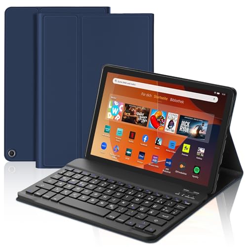 WAVATA Hülle Tastatur für Fire HD 10 2023 13th /HD 10 Plus 10.1'' 2021, Deutsch QWERTZ Layout Tastatur für Fire HD 10/HD 10 Plus 10.1'' 2021 11 Generation Magnetisch Abnehmbarer Tastatur, Dunkelblau von WAVATA