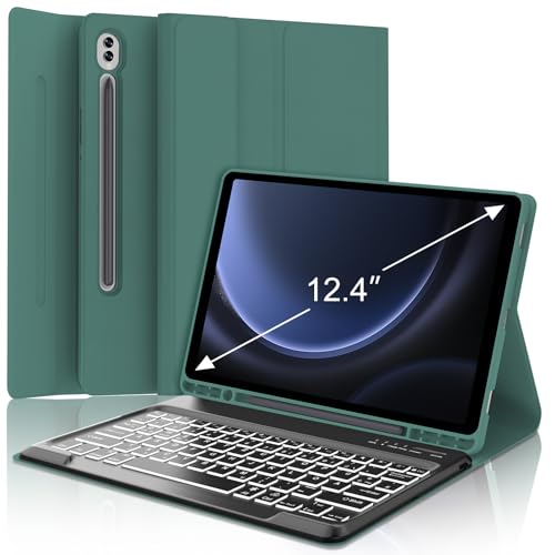 WAVATA Tastatur für Samsung Galaxy Tab S10+ 2024/S9 FE+/S9 Plus 12.4" mit Beleuchtung, Hülle mit Tastatur für Samsung Tab S10 Plus Magnetische Abnehmbar Deutsches QWERTZ Layout, Dunkelgrün von WAVATA