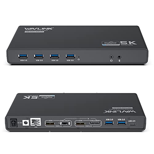Displaylink Dockingstation, WAVLINK USB C Universal Dockingstation mit 2 × HDMI & DP, 65 W PD, Gigabit Ethernet, 6 × USB 3.0, Audio, Mikrofon, kompatibel mit Mac OS und Windows von WAVLINK
