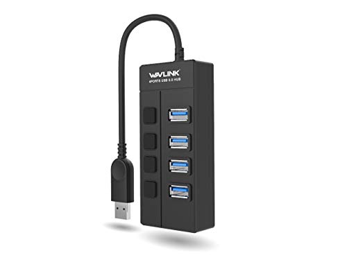 WAVLINK 4-Port USB 3.0 Hub mit LED-Ein-/Aus-Schaltern – SuperSpeed Datenübertragung bis zu 5 Gbit/s für Mac/PC/USB-Sticks, USB-Geräte – Plug & Play von WAVLINK