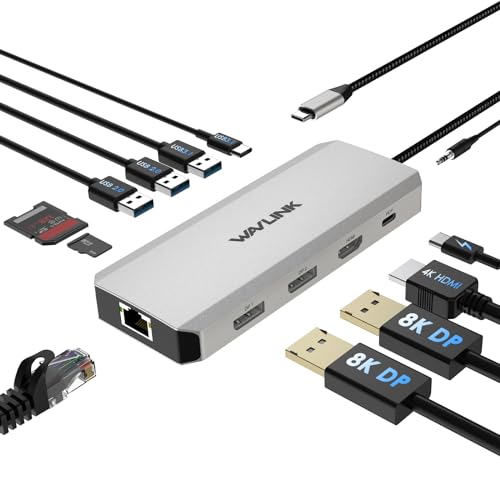 WAVLINK Triple Display USB C Docking Station, 12 in 1 Dreifaches Display USB C Hub mit 2×8K DP, 4K HDMI, 100W PD, 2xUSB A 2.0, USB A 3.1, RJ45, SD/TF Slots, Audio/Mic, für MacBook/Dell/HP/Lenovo von WAVLINK