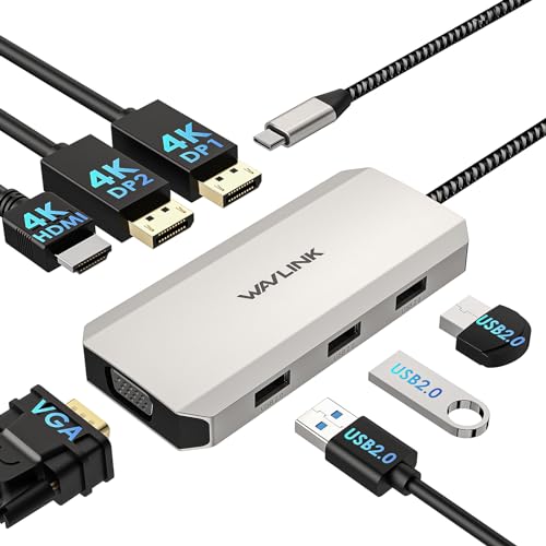 WAVLINK USB C Dockingstation, Quad Display mit Dual 4K DP, 4K HDMI, VGA, 7-in-1 USB C Hub Multi-Port Adapter, Laptop Dockingstation für Dell, HP, Lenovo, Asus, Microsoft, 3 USB2.0 Anschlüsse von WAVLINK