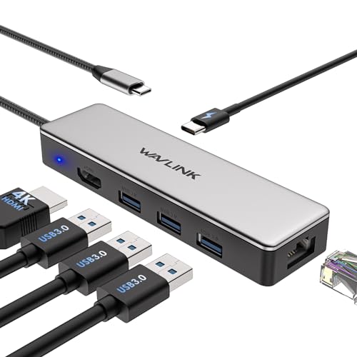 WAVLINK USB C Hub, 6-in-1 USB C Adapter für MacBook Pro/Air/Thunderbolt 3/Typ C Geräte, mit 4K@30Hz HDMI, 3 USB 3.0, Gigabit Ethernet, 100W Power Delivery für Windows und Mac von WAVLINK