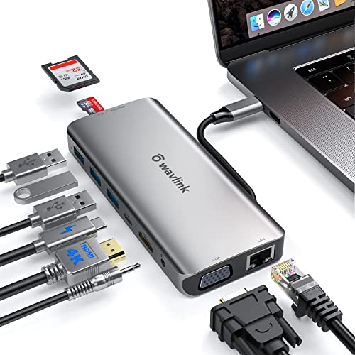 WAVLINK USB C Hub 10-in-1 USB C Hub,Dockingstation USB C,mit HDMI 4K, Gigabit Ethernet, VGA, USB 3.0, PD 87 W, SD/TF-Kartenleser, 3,5 mm Klinke Audio für Windows/Mac von WAVLINK