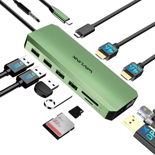 WAVLINK USB C Hub Triple Monitor, Dockingstation für Laptop, 12-in-1, Multiport-Adapter mit Dual HDMI 4K, DP 4K, PD in 100 W, für MacBook/Dell/HP/Lenovo (Grün) von WAVLINK