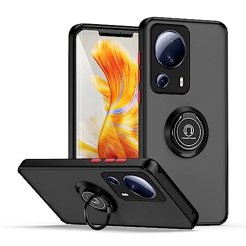 WBWONE Hülle für Xiaomi 13 Lite/Mi 13 Lite 5G, TPU/PC Stoßfest Handyhülle mit Fingerring Stände, Durchscheinend Gefrostet Anti Fingerabdruck Schutzhülle. Schwarz Rot von WBWONE