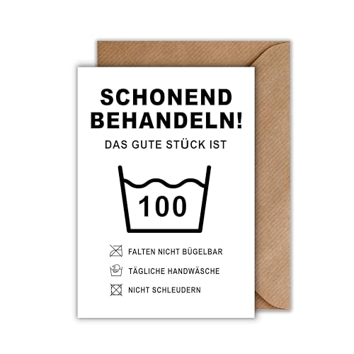 100 Geburtstag Karte mit Umschlag - Humorvolle Geburtstagskarte “Schonend Behandeln! - Das Gute Stück ist 100” Kreative Glückwunschkarte Geschenkkarte zum Geburtstag Happy Birthday Karte (DIN A6) von WBdesignz