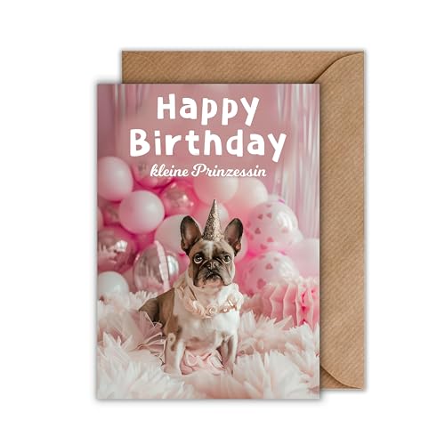 Geburtstagskarte mit Umschlag - Französische Bulldogge Glückwunschkarte für Mädchen “Alles Liebe kleine Prinzessin” Geburtstag Karte Freundin Geschenkkarte Schwester Happy Birthday Karte (DIN A6) von WBdesignz