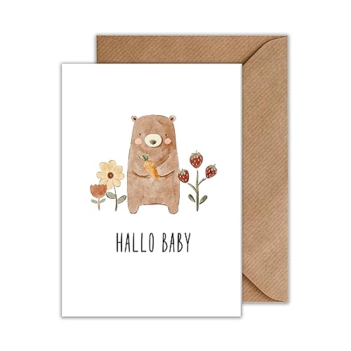 WBdesignz Babykarte „Hallo Baby“ – DIN A6 – Niedliche Geburtskarte mit Bär & Blumen – Unisex Karte zur Geburt für Mädchen & Jungen von WBdesignz