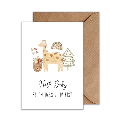 Glückwunschkarte Geburt Hallo Baby Schön, dass du da bist Geburt Klappkarte Süße Giraffe Geburtskarte mit Umschlag (DIN A6) von WBdesignz