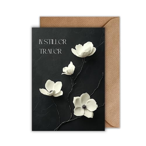 WBdesignz Trauerkarte In stiller Trauer mit Umschlag - legante Beileidskarte mit weißen Magnolien auf dunklem Hintergrund - stilvoller Trostspender für Angehörige, Freunde & Kollegen (DIN A6) von WBdesignz