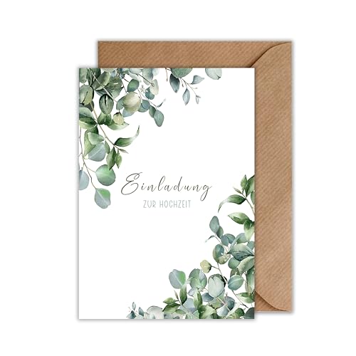 WBdesignz 10x Einladung Hochzeit mit Umschlag - Eukalyptus Karte Hochzeit - Einladungskarte mit Eukalyptus Blättern Hochzeit (DIN A6) von WBdesignz