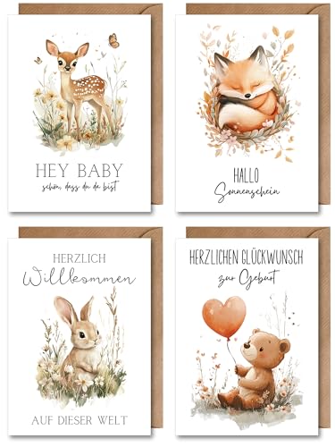 WBdesignz 4er Set Grußkarten zur Geburt DIN A6 – Süße Tiermotive für Jungen & Mädchen – Babykarte zur Geburt – Neutrale Glückwunschkarten mit Umschlägen – Babykarten Set für frischgebackene Eltern von WBdesignz