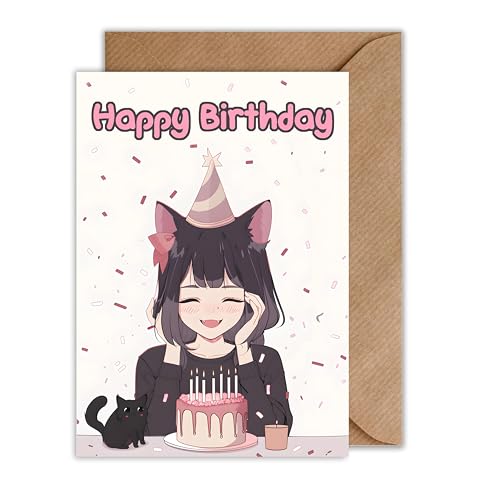 WBdesignz Anime Geburtstag Karte mit Umschlag - Katzen Mädchen Manga Geburtstagskarte Otaku Neko Girl Glückwunschkarte (DIN A6) von WBdesignz