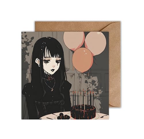 WBdesignz Anime Geburtstagskarte Goth Girl Japanese Goth Karte zum Geburtstag - Halloween Geburtstag Glückwunschkarte Manga (Quadratisch) von WBdesignz