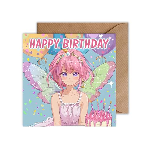 WBdesignz Anime Happy Birthday Geburtstagskarte Mädchen mit Umschlag - Anime Fairy Girl Manga Karte zum Geburtstag Glückwunschkarte (Quadratisch) von WBdesignz