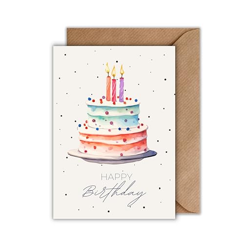WBdesignz Geburtstagskarte mit Umschlag - Geburtstagskarte “HAPPY Birthday” Geburtstagstorte Aquarell Wasserfarben Glückwunschkarte Geschenkkarte zum Geburtstag (DIN A6) von WBdesignz